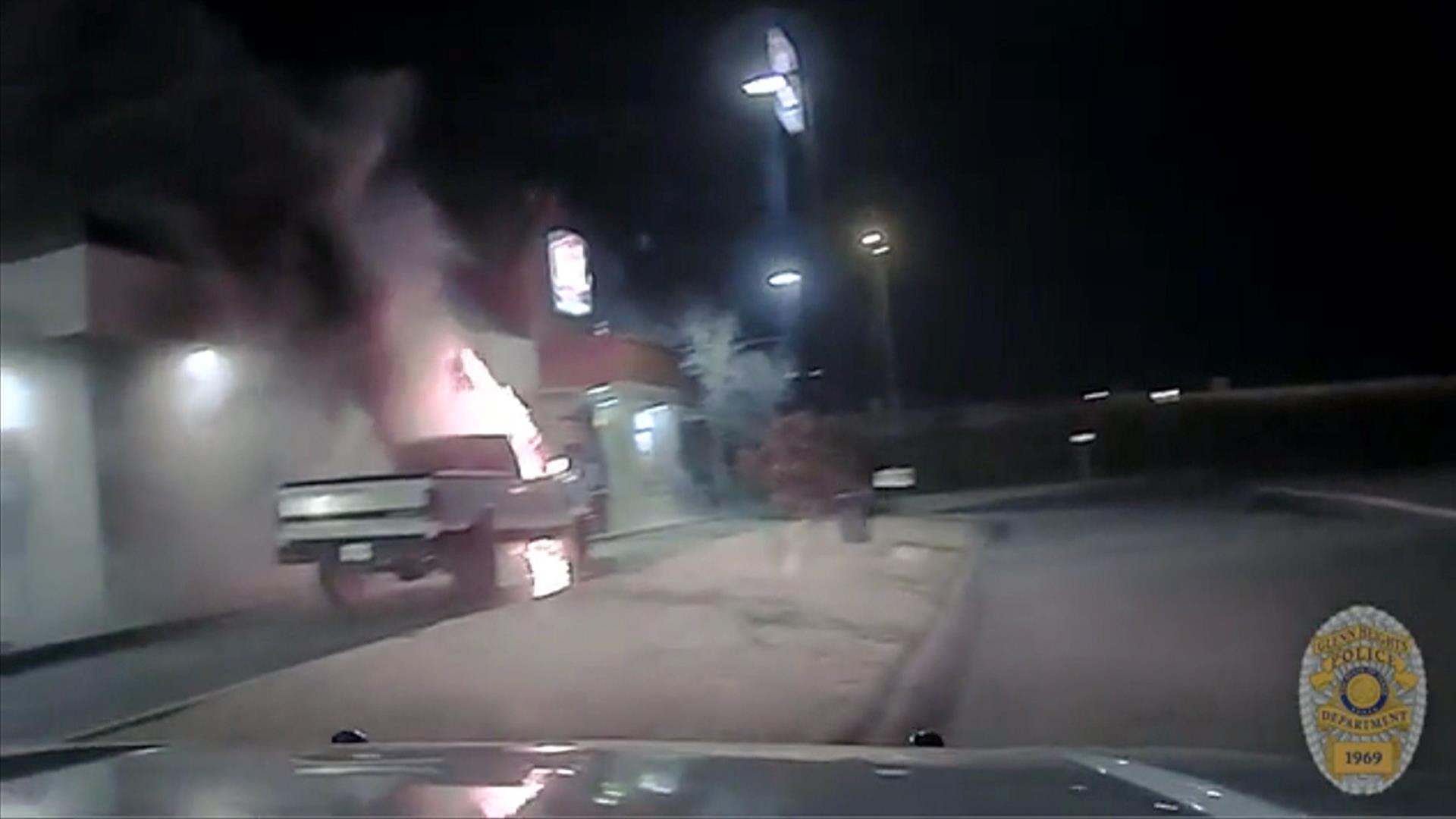 Watch courageous police officer cleverly move flame-engulfed truck