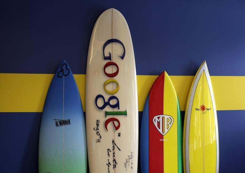 Image: Surfboards lean against a wall at the Google office in Santa Monica