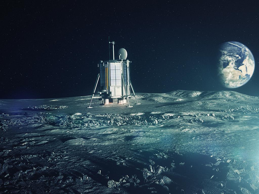 Umělecká představa přistání mise Lunar Mission One na jížním pólu Měsíce, autor snímku: Lunar Mission Ltd.
