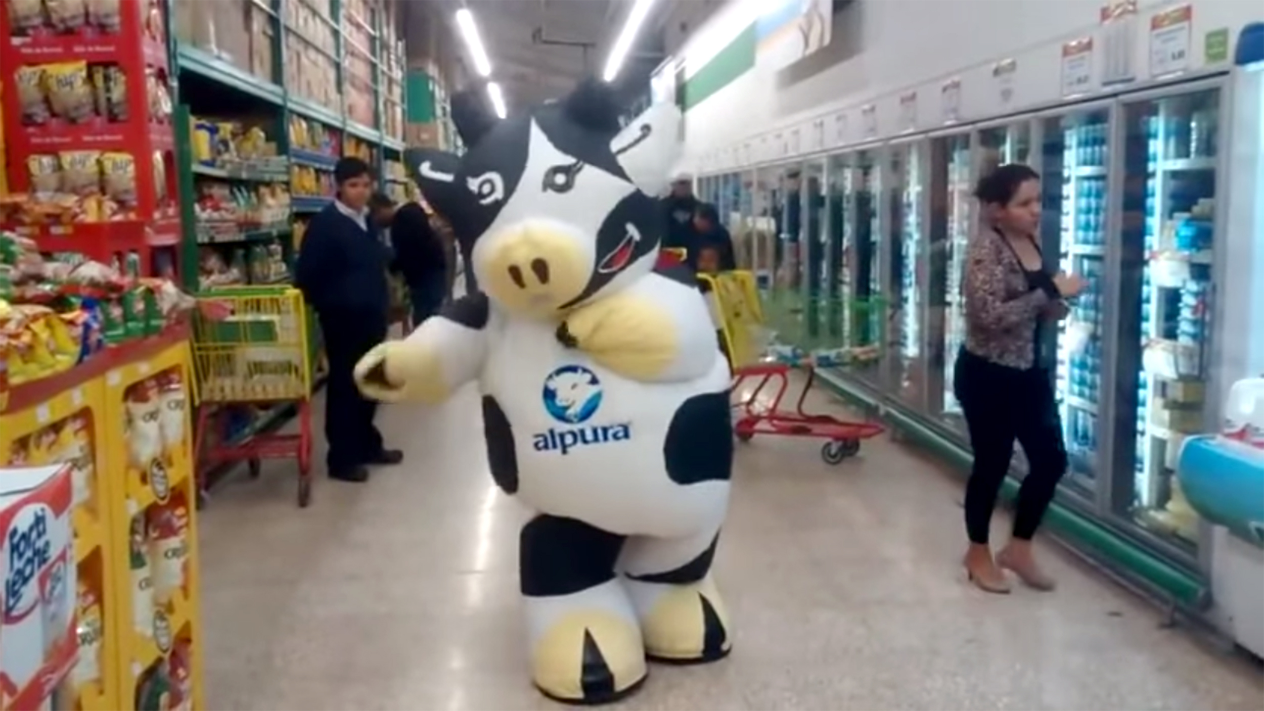 Dancers in inflatable-cow costumes bust a move in Mexican supermarkets