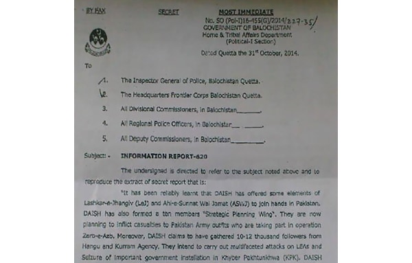 Secret letter sent by the government of Balochistan regarding ISIS activity in Pakistan.
