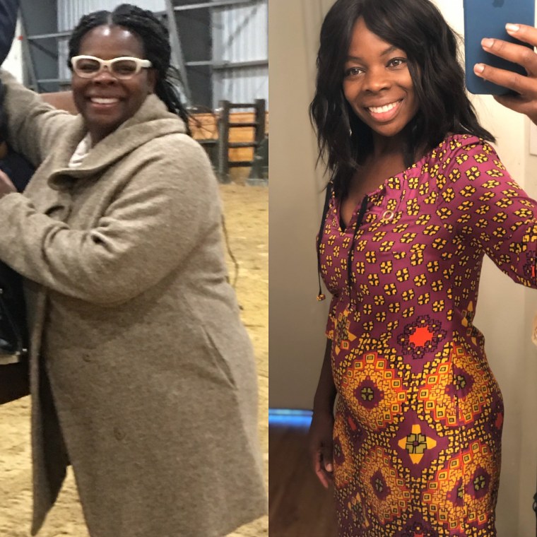 Martine Etienne-Mesubi before, left, and after losing 80 pounds.