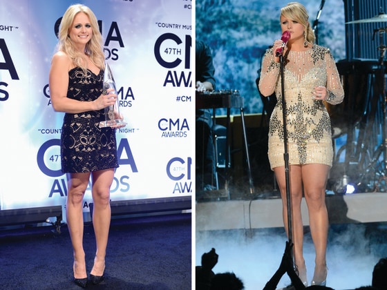 Miranda Lambert at the CMAs on Nov. 6, left, and at the Grammys in February.
