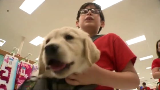 A student named Max holds a puppy in a Target store.