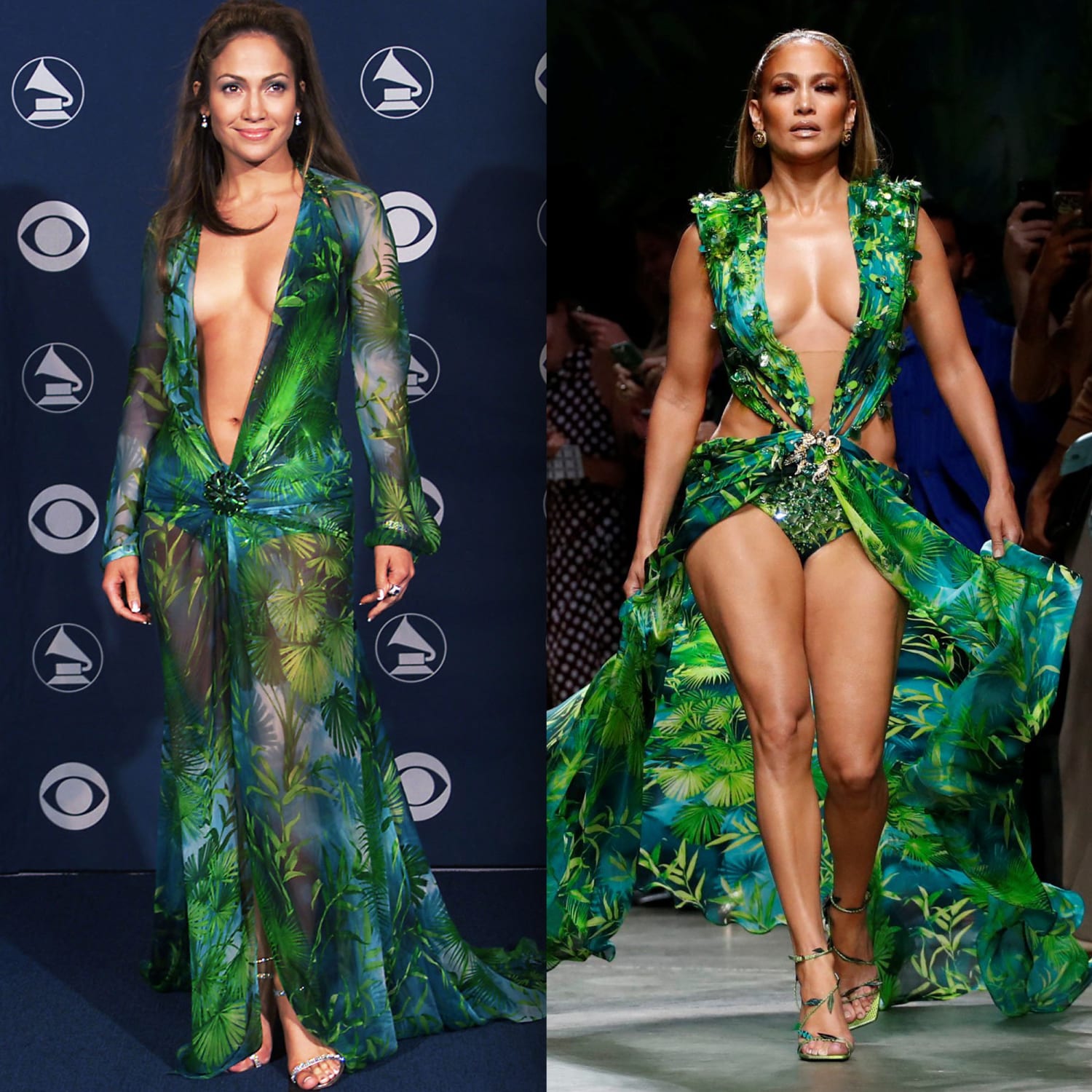 jennifer lopez green dress then and now