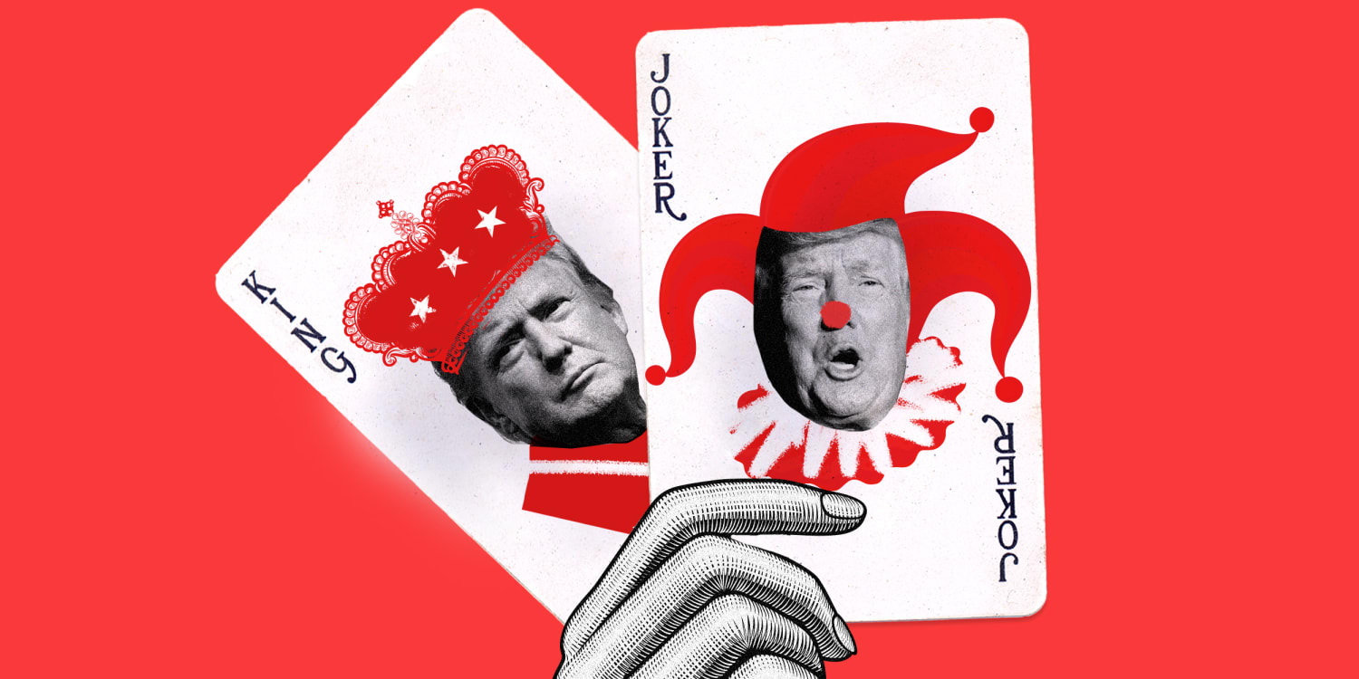 An illustration of two Joker cards with Trump's face 
