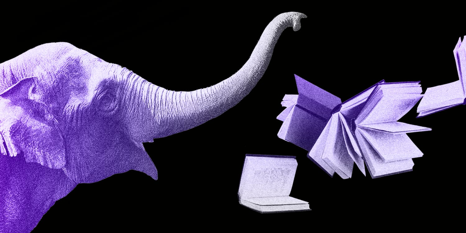 A graphic of an elephant with a book