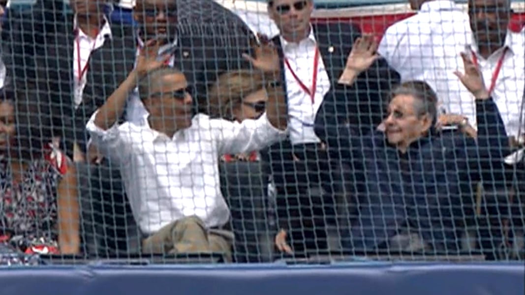 Image result for obama and castro doing the wave in cuba images