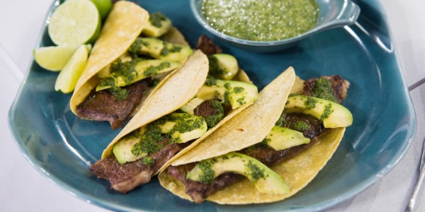 Grilled Beef Strips with Mint and Cilantro Salsa Verde