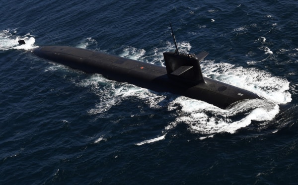 Image: A view shows the submarine "Le Terrible" whilst at sea during a visit by French President Emmanuel Macron to the vessel