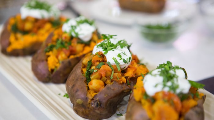 Chickpea Chili with Baked Sweet Potatoes