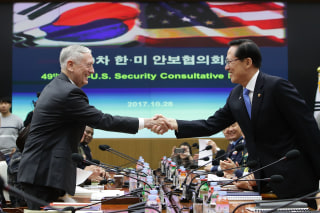 Image: Defense Secretary James Mattis shakes hands with South Korean Defense Minister Song Young-moo in Seoul amid talks over North Korea.