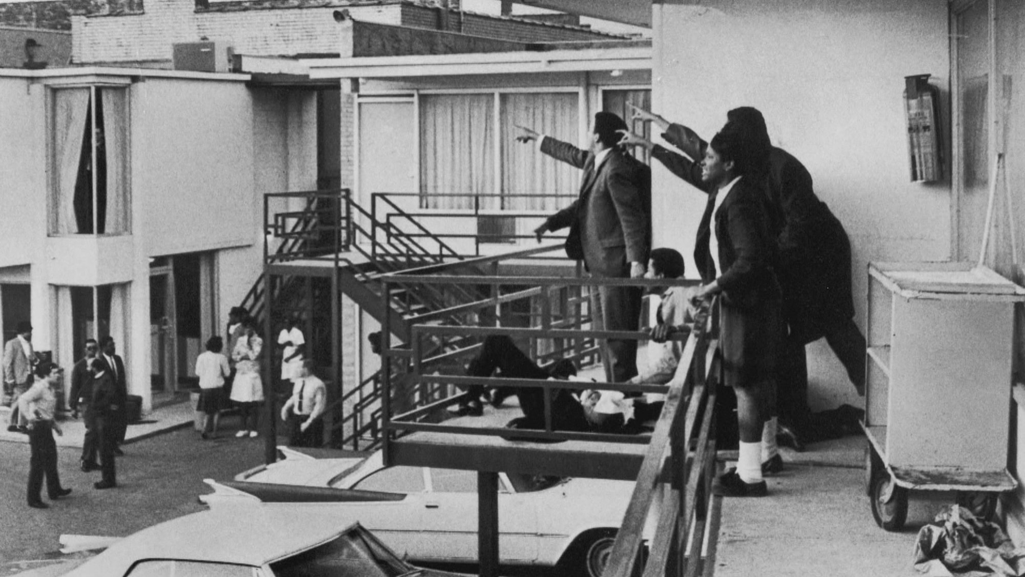 Associates of Martin Luther King Jr. point toward the sound where the gunfire originated just moments after his assassination at the Lorraine Motel on April 4, 1968, in Memphis, Tenn.Joseph Louw / The LIFE Images Collection via Getty