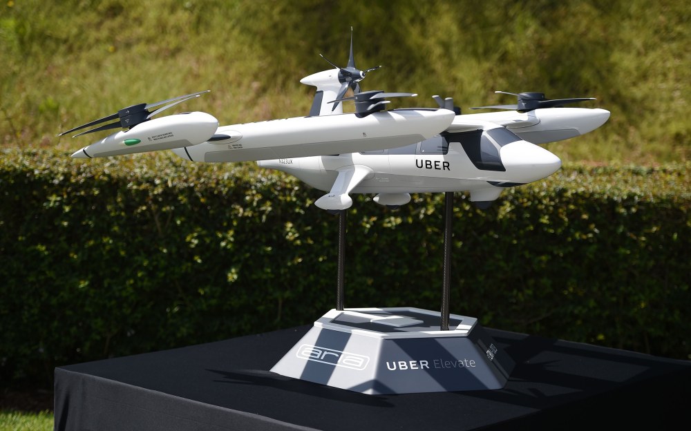 A model of Uber's "flying taxi," an electric vertical take-off and landing vehicle, is displayed at the second annual Uber Elevate Summit on May 8 in Los Angeles. Image: Robyn Beck / AFP-Getty Images