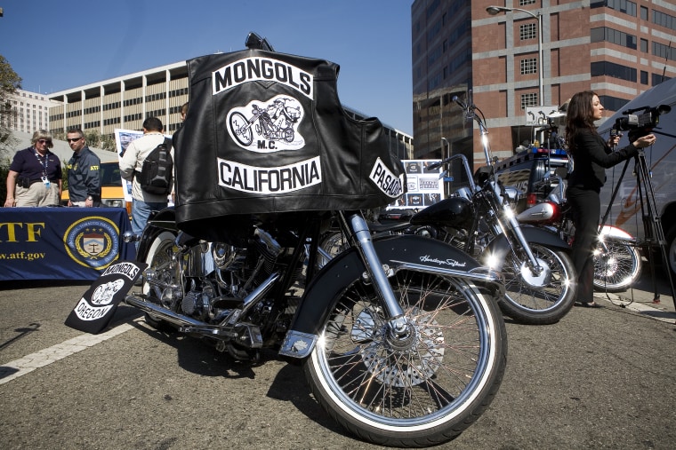 Motorcycles seized from the Mongols Motorcycle gang is on display during a press conference in Los Angeles on Oct. 21, 2008.