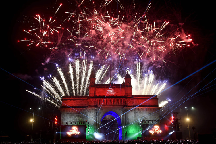 New Year's Eve fireworks erupt over Mumbai's iconic Gateway of India.