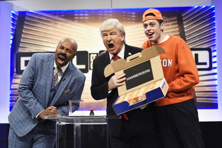 Kenan Thompson as Steve Harvey, Alec Baldwin as Donald Trump, and Pete Davidson as a Clemson student on SNL's "Deal or No Deal Cold Open" sketch