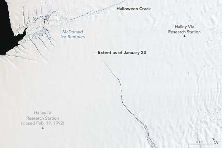 Previously stable for about 35 years, a crack in Antarctica's Brunt Ice Shelf recently started accelerating northward as fast as 4 kilometers per year.