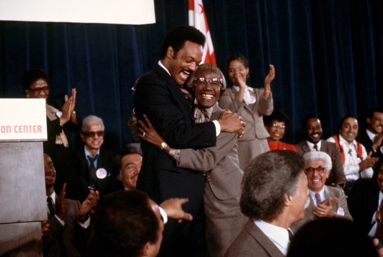 Image: Jesse Jackson hugs former New York congresswoman Shirley Chisholm after announcing his candidacy for president in 1983.