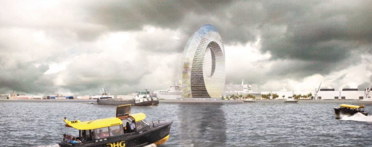 The inner band of the Dutch "Windwheel" will contain a hotel and apartments, while the outer band will feature a high-tech feris wheel like attraction with 40 coaster cabins.
