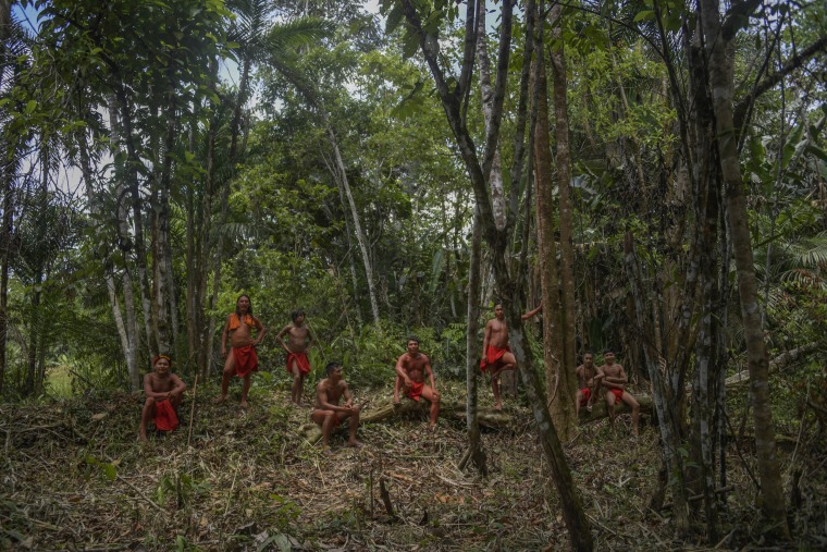 Waiapi people in Manila village in the Waiapi indigenous land in Amapa state, Brazil, in March 2019.