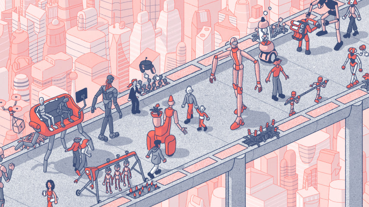 Illustration of robots and human walking together in a futuristic city.