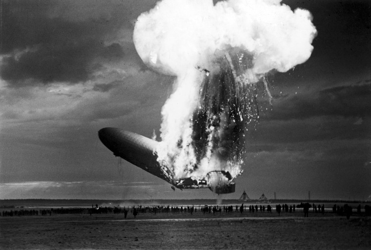 Image: The Hindenburg catches fire after attempting to land in Lakehurts, N.J., follow its first cross-ocean flight in 1937.