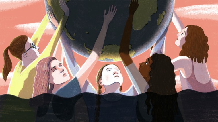 Illustration of young climate activists holding up the earth while waters rises around them.
