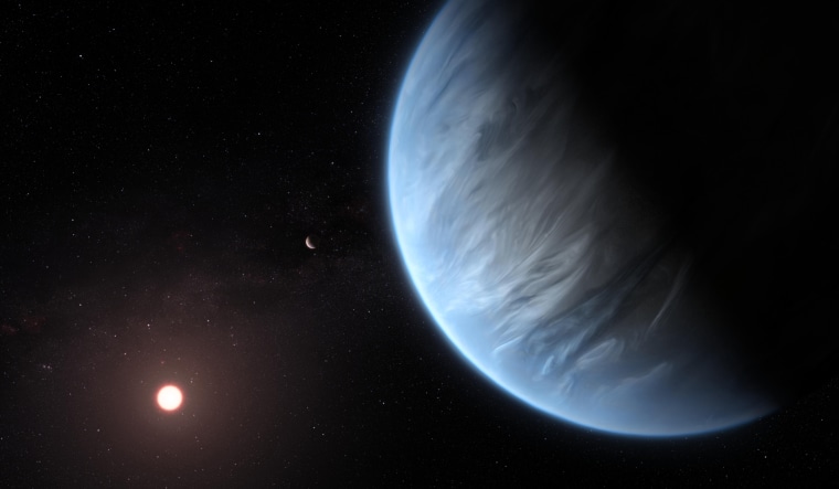 This artist's impression shows the planet K2-18b, its host star and an accompanying planet in this system.