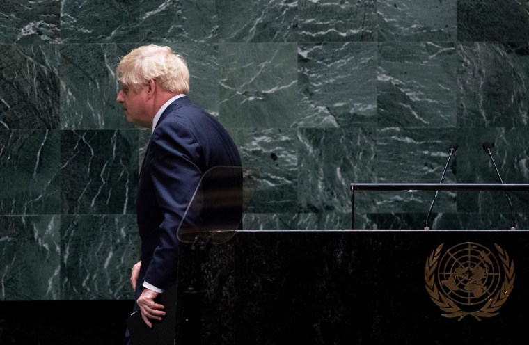 Image: British Prime Minister Boris Johnson walks off after speaking at the 74th session of the United Nations General Assembly
