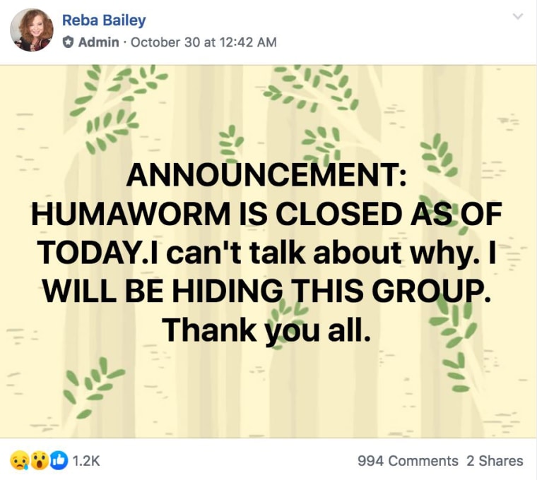 afbeelding: een admin post aankondigen van de sluiting van de Humaworm groep.
