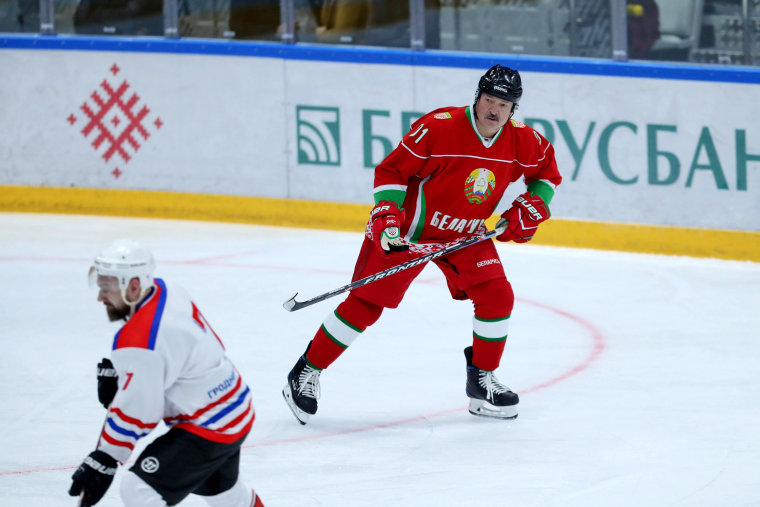 Image: Belarusian President Alexander Lukashenko plays in a hockey game in Minsk on Saturday.