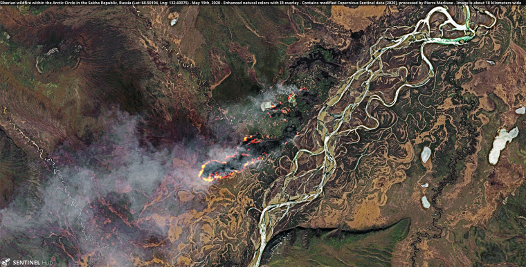 Image: Satellite imagery of a wildfire in Siberia, Russia above the arctic circle on May 19, 2020