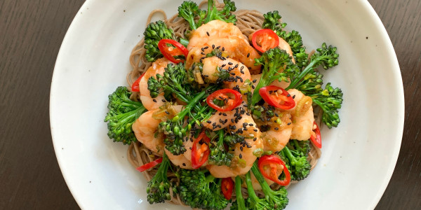 Ginger soy prawns with broccolini and soba noodles