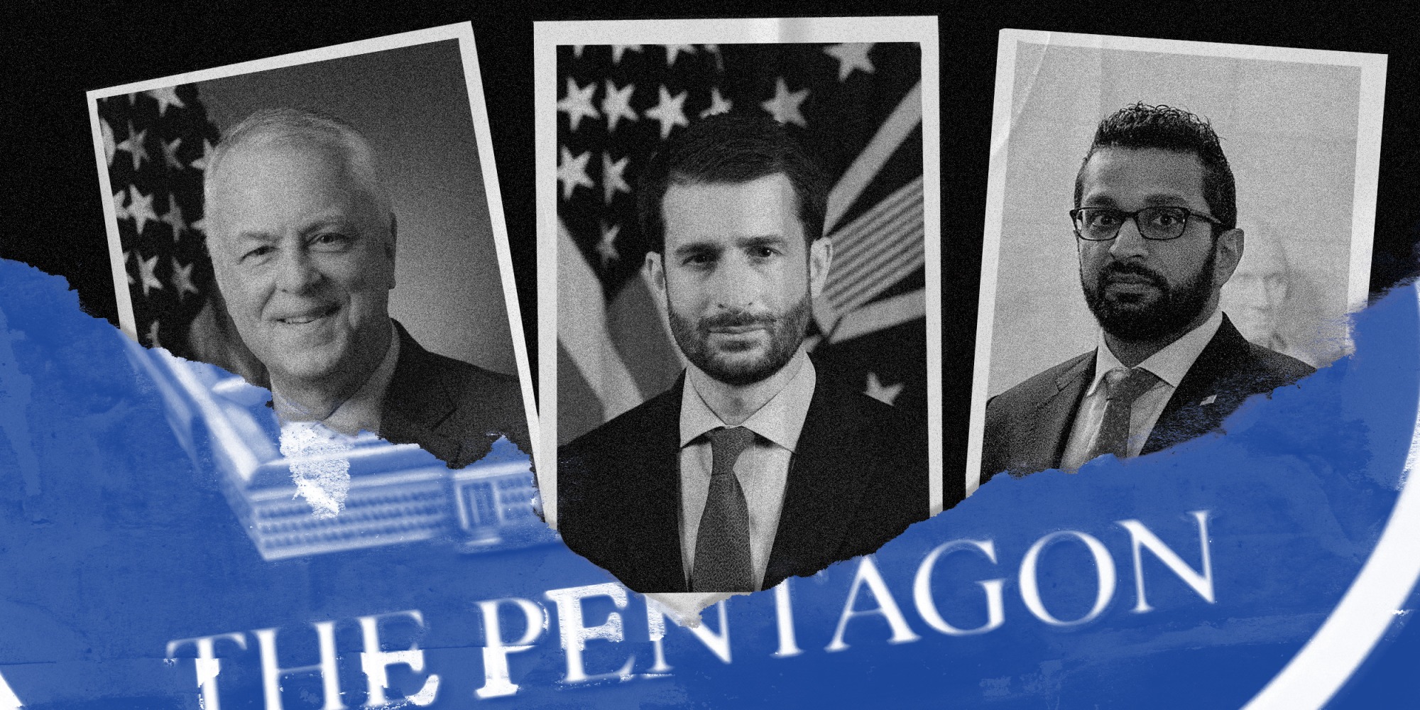 An illustration shows photos of the 3 Trump loyalists appointed to high-level Pentagon positions. Underneath is a torn-off section of the Pentagon seal that reads ''The Pentagon''