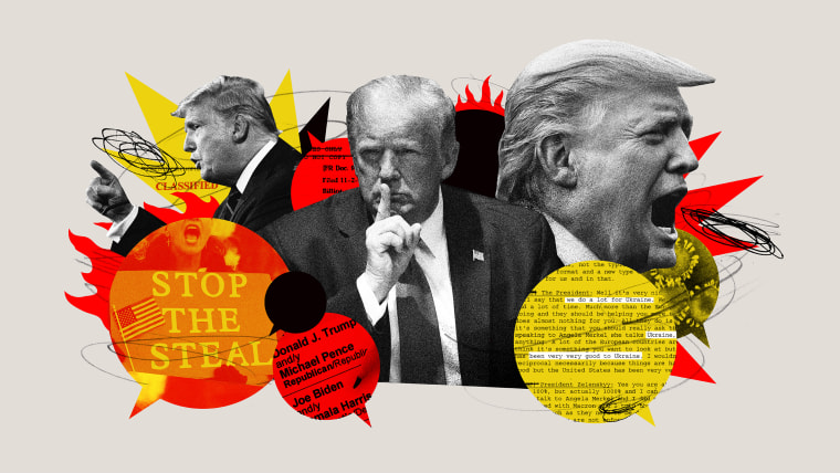 Image: A collage of Donald Trump and quote bubbles with images of election protests, Ukraine documents, and Covid spores.