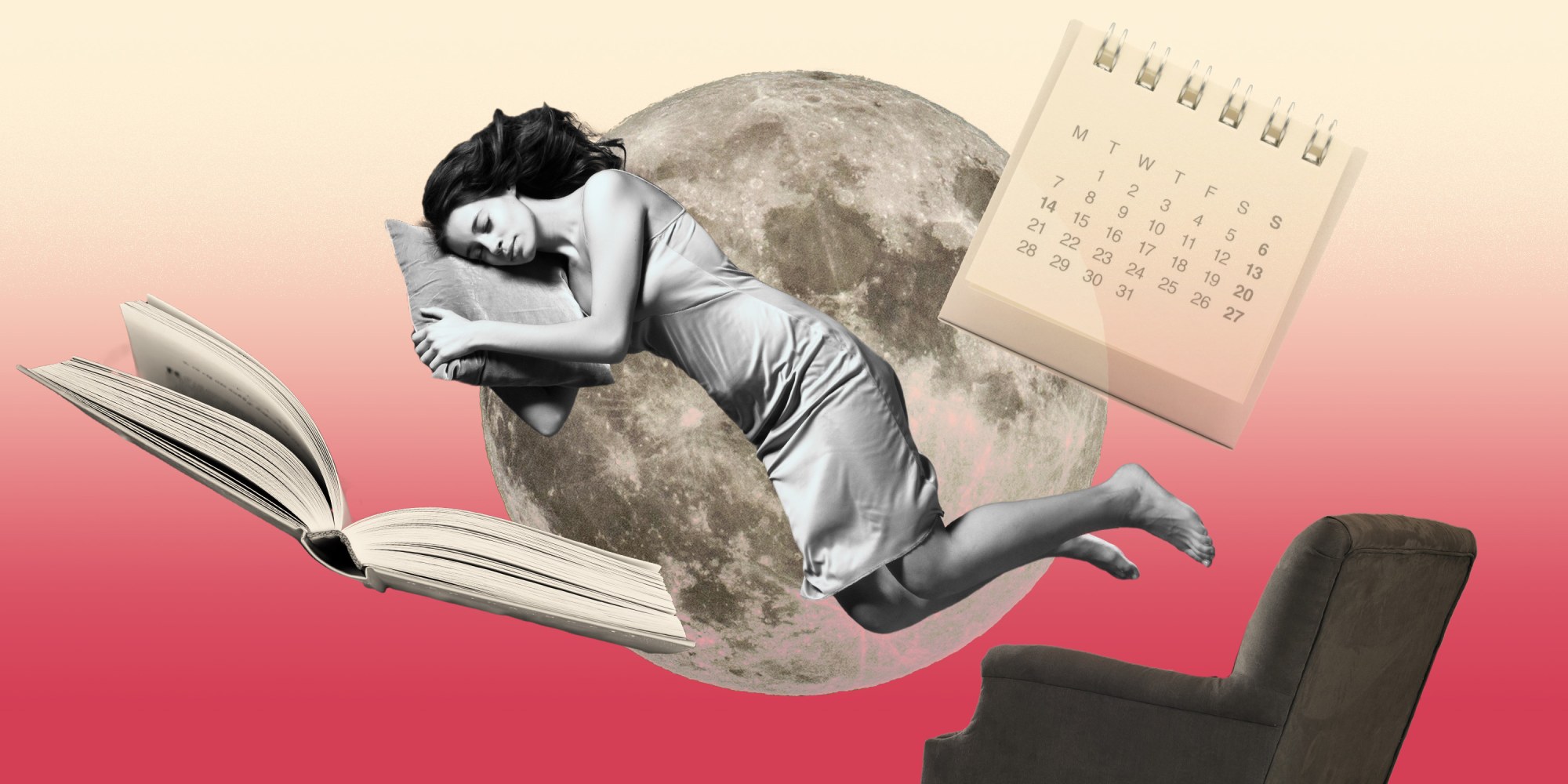 Collage of woman sleeping with a book, chair, calendar and moon floating around her