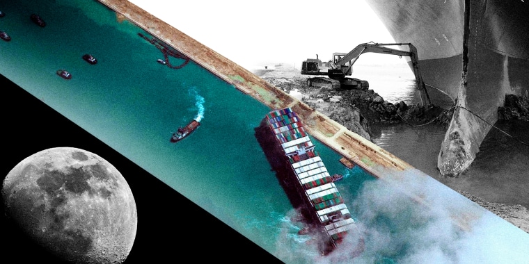 Image: Photo collage of the container ship stuck in the Suez Canal with a photo of the moon and a digger truck.