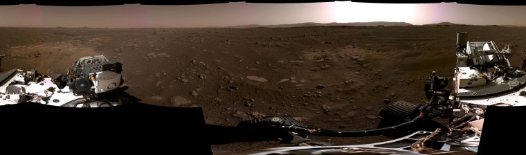 Panorama, taken on Feb. 20, 2021, by the Navigation Cameras, or Navcams, aboard NASA’s Perseverance Mars rover.