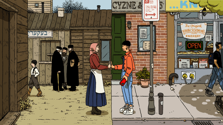 Illustration of two Jewish people touching hands, the person on the left is in a historical setting and the person on the right is in a modern city. The modern person is holding a phone.