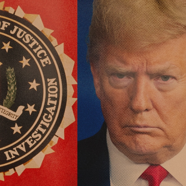 Photo illustration of the FBI crest, former President Donald Trump, Mar-a-Lago resort, and Attorney General Merrick Garland.