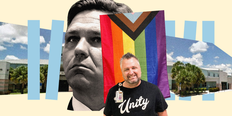 Photo illustration: Image of Ron DeSantis and Michael Woods, a special education teacher in Palm Beach County, Florida standing against a pride flag. Cut out piece in the background show a school building.