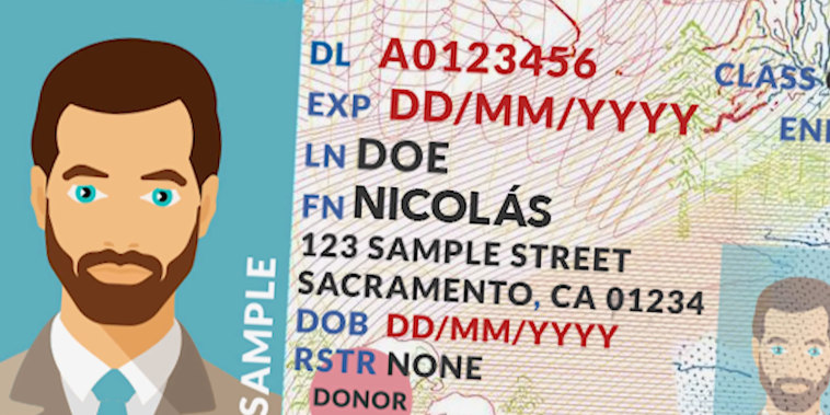 A sample California driver license with an accent mark over the first name.