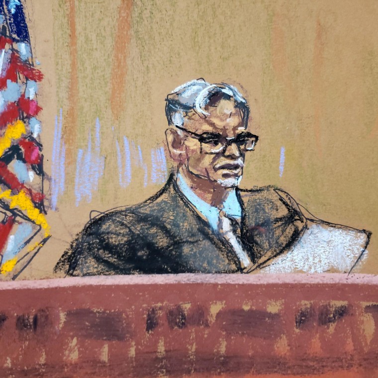 Judge Juan Merchan re-reads counts in the charge during jury deliberations on Dec. 6, 2022, in a courtroom sketch